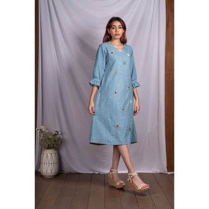 Silai Studio Blue Tropical Elements Midi Dress