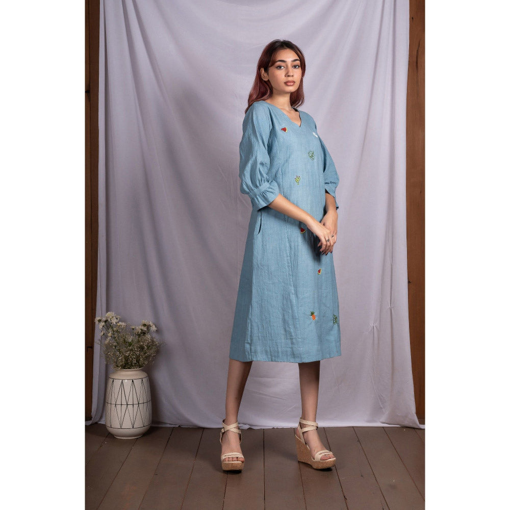 Silai Studio Blue Tropical Elements Midi Dress