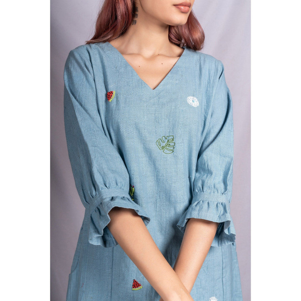 Silai Studio Blue Tropical Elements Midi Dress