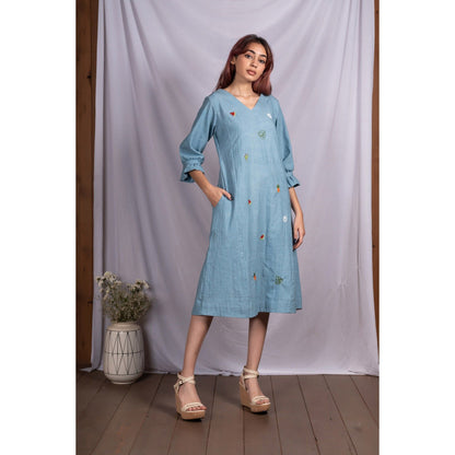 Silai Studio Blue Tropical Elements Midi Dress