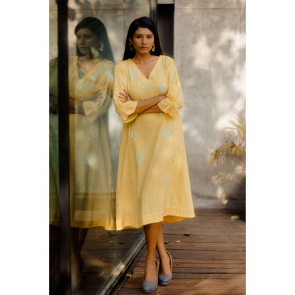 Silai Studio Lemon Cactus Applique Midi Dress