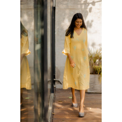 Silai Studio Lemon Cactus Applique Midi Dress