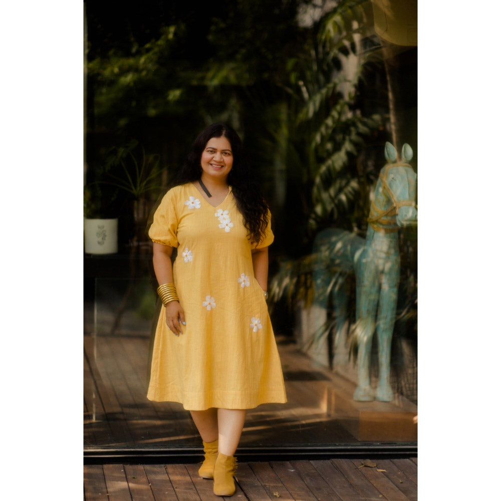 Silai Studio Lemon Frangipani Flared Midi Dress