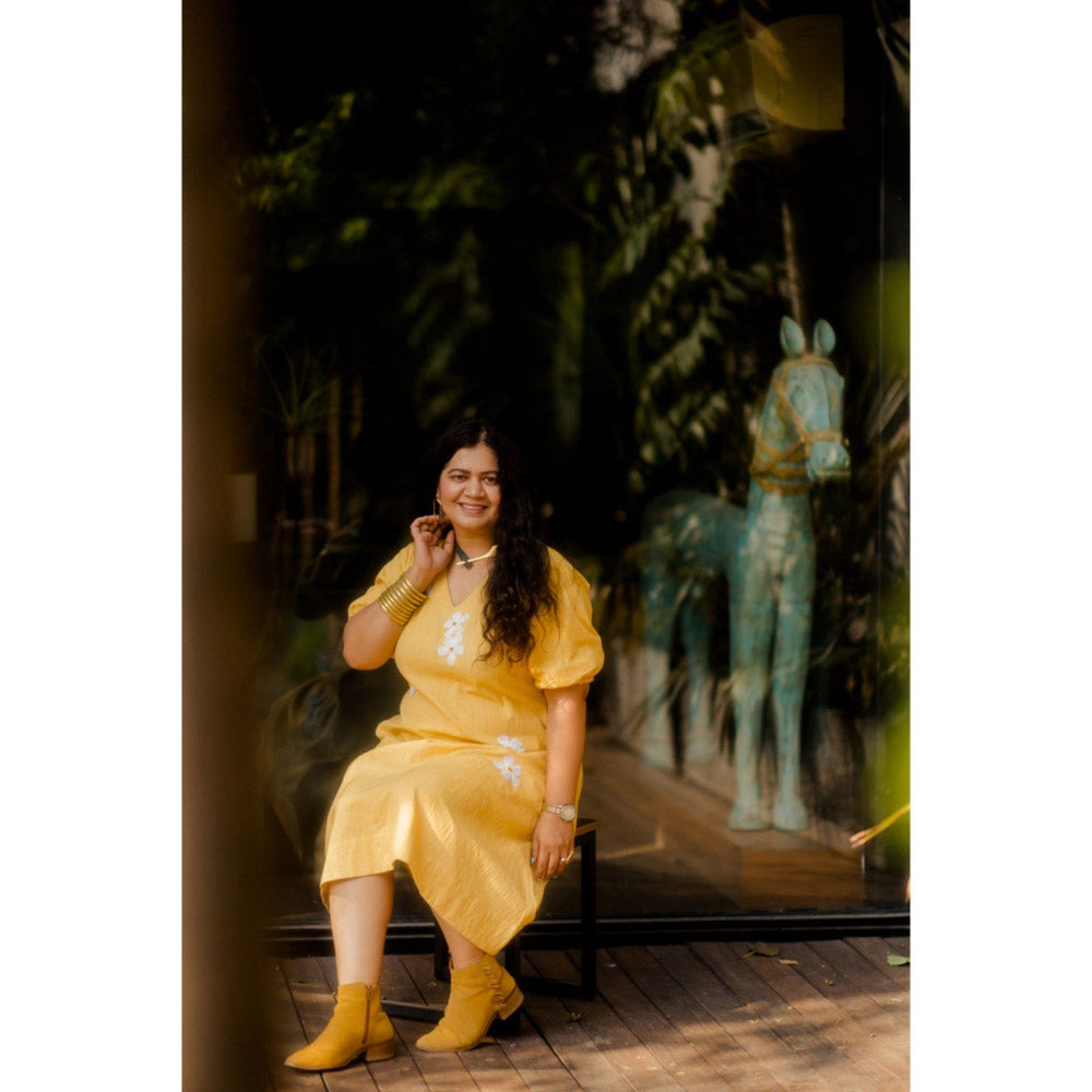 Silai Studio Lemon Frangipani Flared Midi Dress