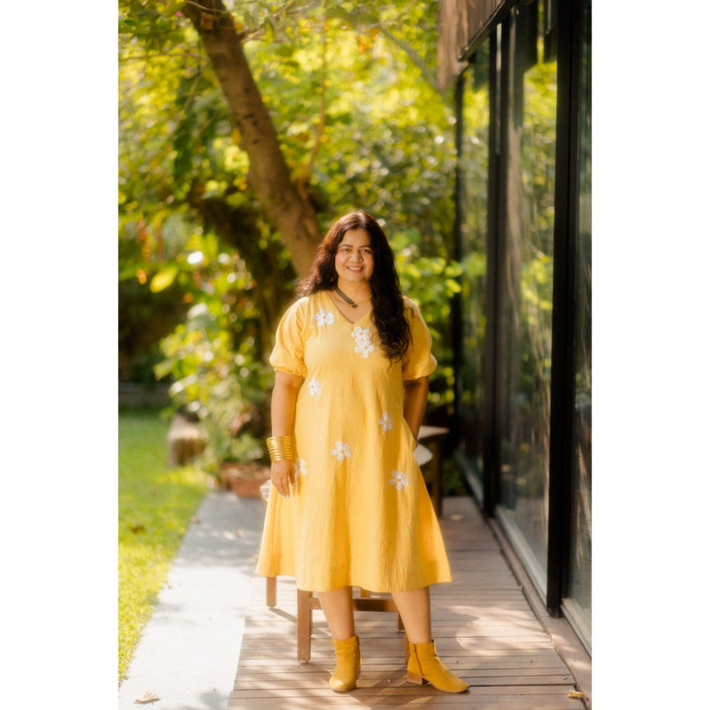 Silai Studio Lemon Frangipani Flared Midi Dress