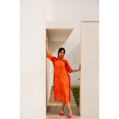 Silai Studio Burnt Orange Bandhani Dress with Slip (Set of 2)