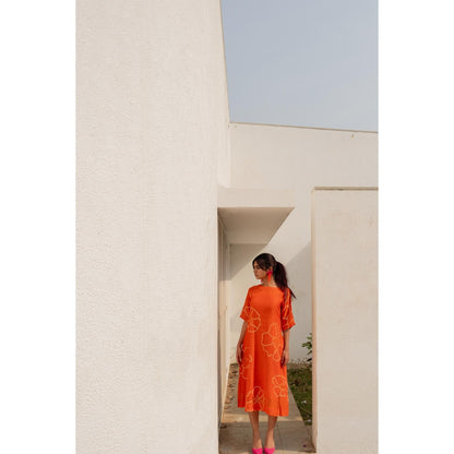 Silai Studio Burnt Orange Bandhani Dress with Slip (Set of 2)