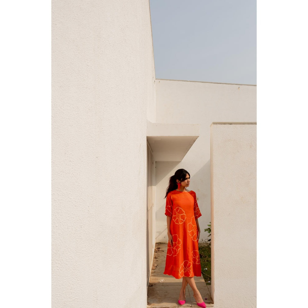 Silai Studio Burnt Orange Bandhani Dress with Slip (Set of 2)