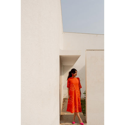 Silai Studio Burnt Orange Bandhani Dress with Slip (Set of 2)
