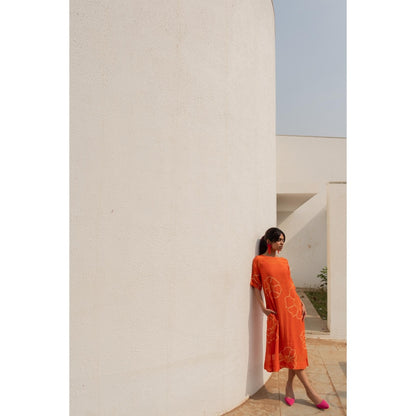 Silai Studio Burnt Orange Bandhani Dress with Slip (Set of 2)