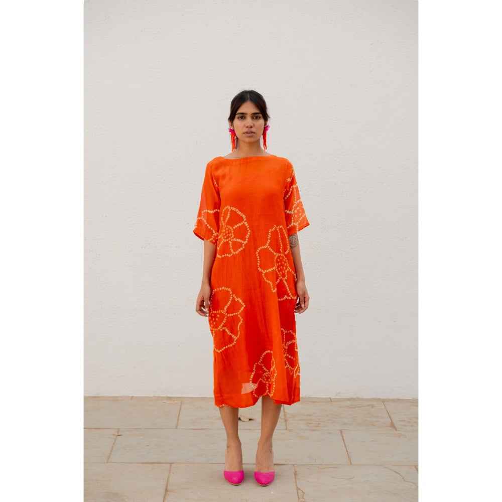 Silai Studio Burnt Orange Bandhani Dress with Slip (Set of 2)