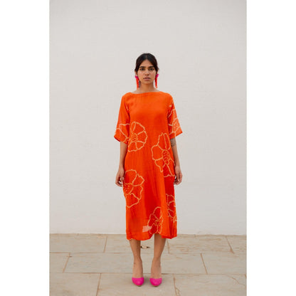 Silai Studio Burnt Orange Bandhani Dress with Slip (Set of 2)