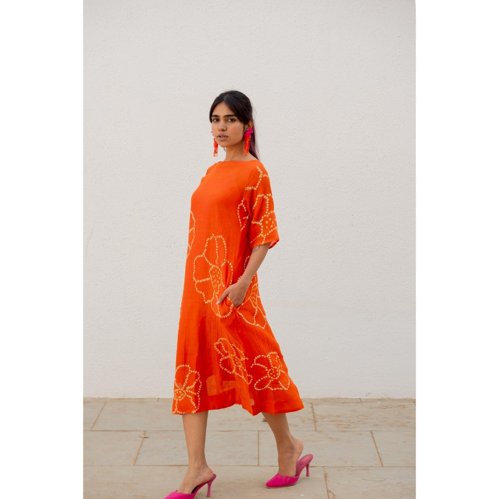 Silai Studio Burnt Orange Bandhani Dress with Slip (Set of 2)