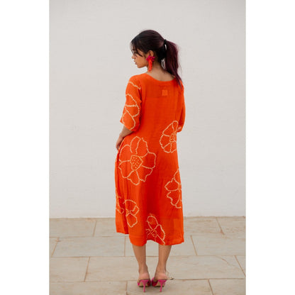 Silai Studio Burnt Orange Bandhani Dress with Slip (Set of 2)