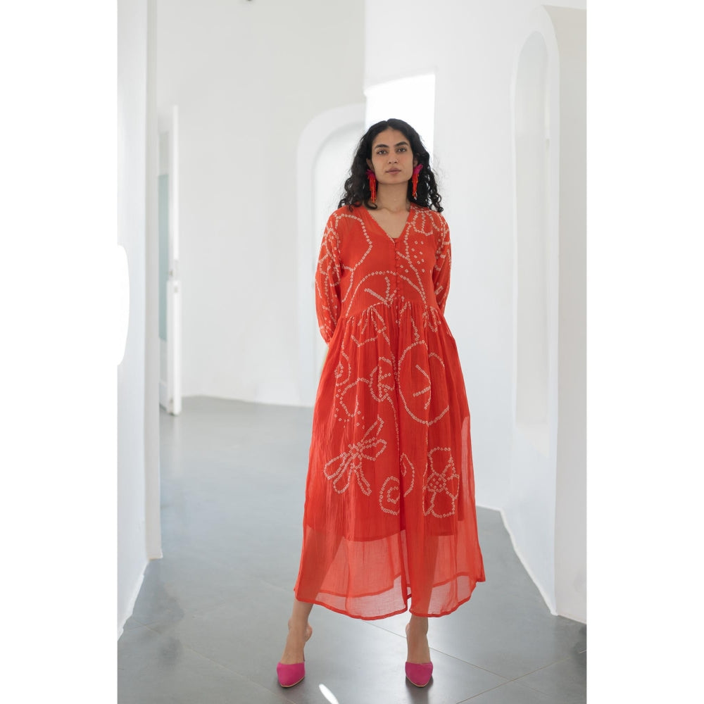 Silai Studio Fiery Orange Bandhani Dress with Inner (Set of 2)