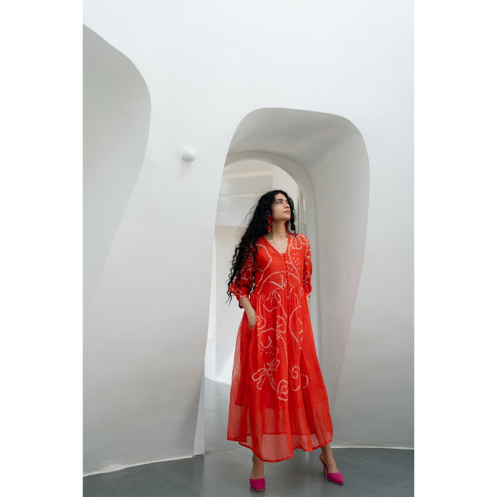 Silai Studio Fiery Orange Bandhani Dress with Inner (Set of 2)