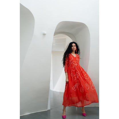Silai Studio Fiery Orange Bandhani Dress with Inner (Set of 2)