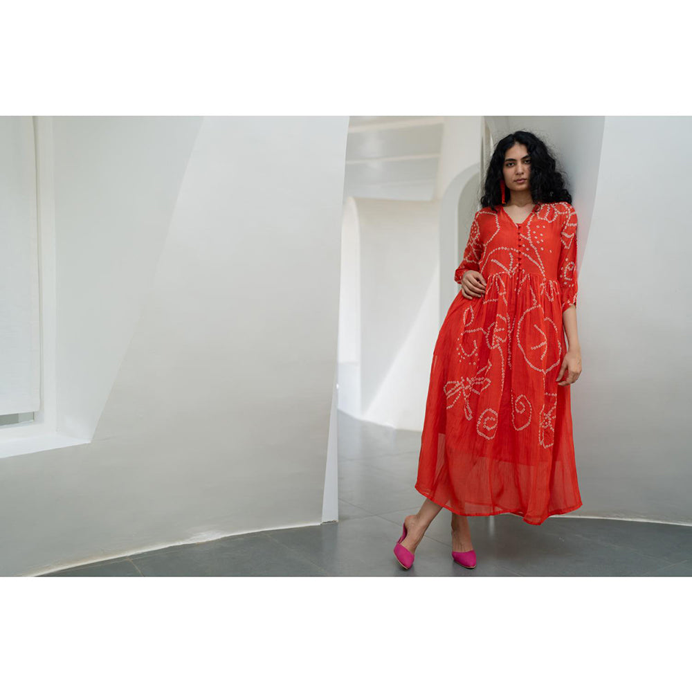 Silai Studio Fiery Orange Bandhani Dress with Inner (Set of 2)