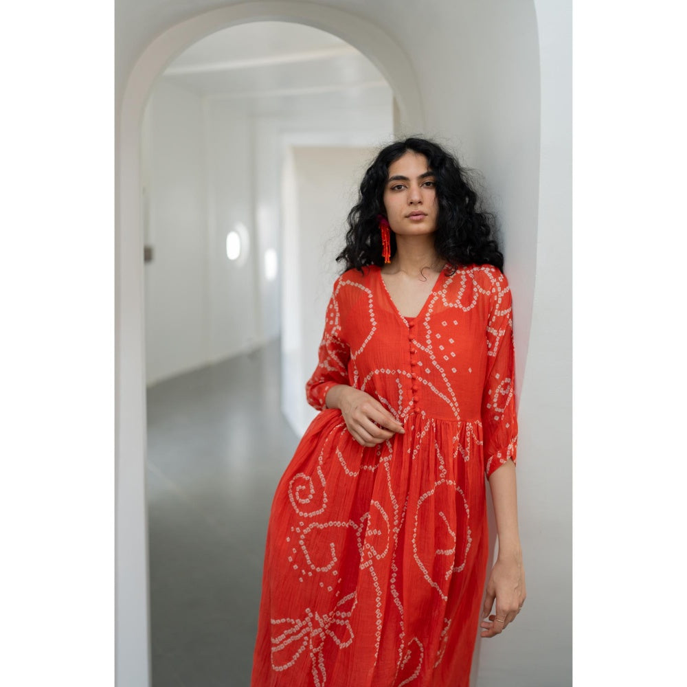 Silai Studio Fiery Orange Bandhani Dress with Inner (Set of 2)
