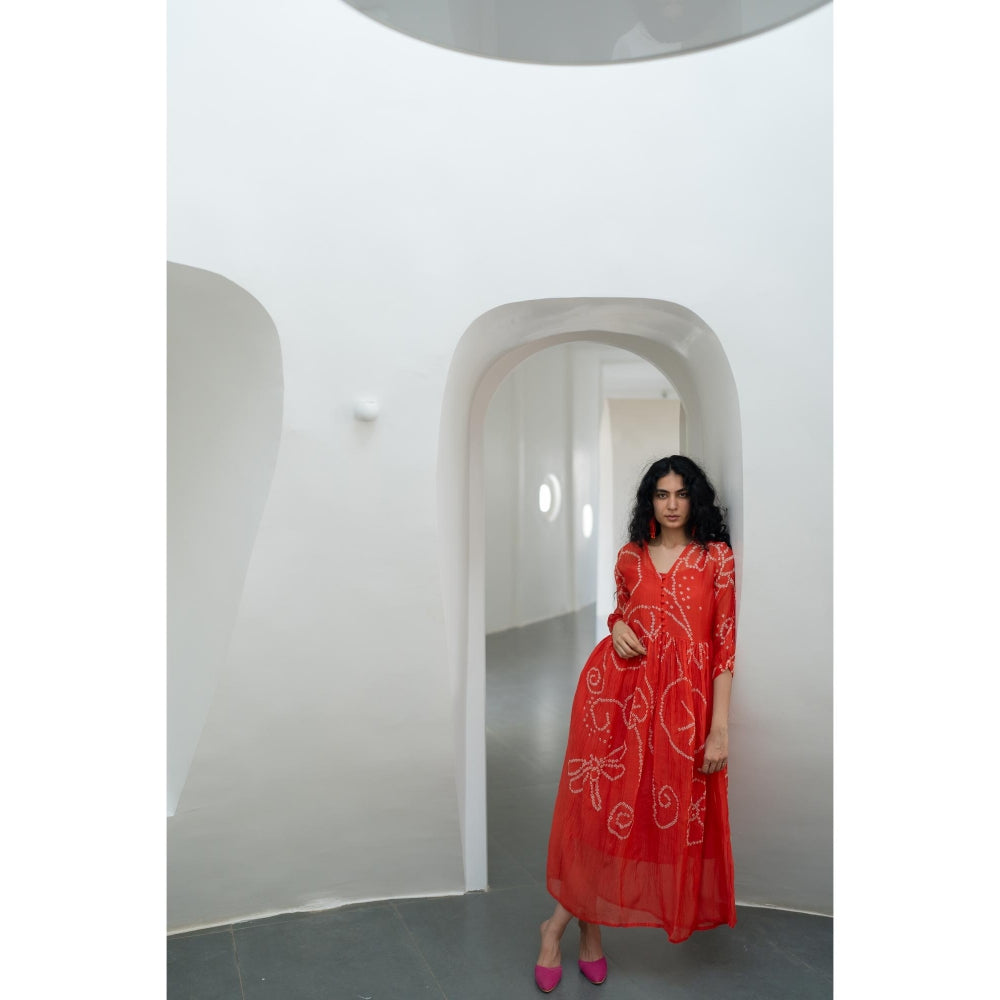 Silai Studio Fiery Orange Bandhani Dress with Inner (Set of 2)