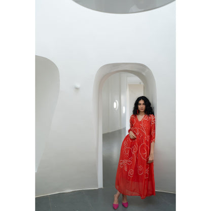 Silai Studio Fiery Orange Bandhani Dress with Inner (Set of 2)
