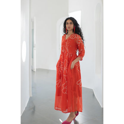 Silai Studio Fiery Orange Bandhani Dress with Inner (Set of 2)