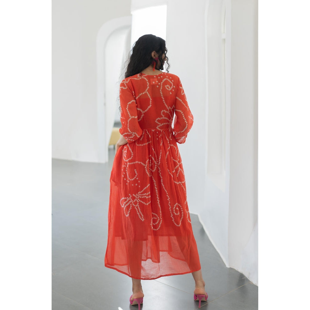 Silai Studio Fiery Orange Bandhani Dress with Inner (Set of 2)