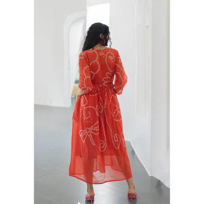 Silai Studio Fiery Orange Bandhani Dress with Inner (Set of 2)