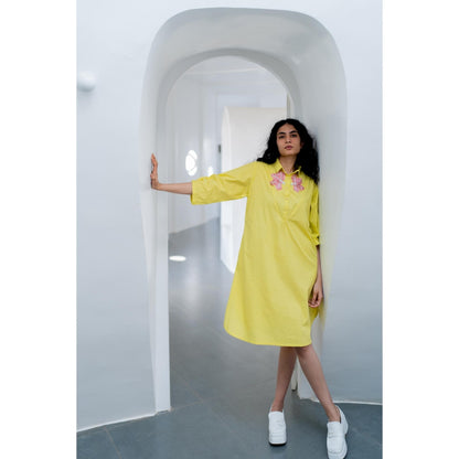 Silai Studio Yellow Pink Embroidered Dress