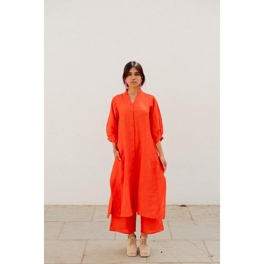 Silai Studio Scarlet Linen Button Down Kurta with Palazzo (Set of 2)