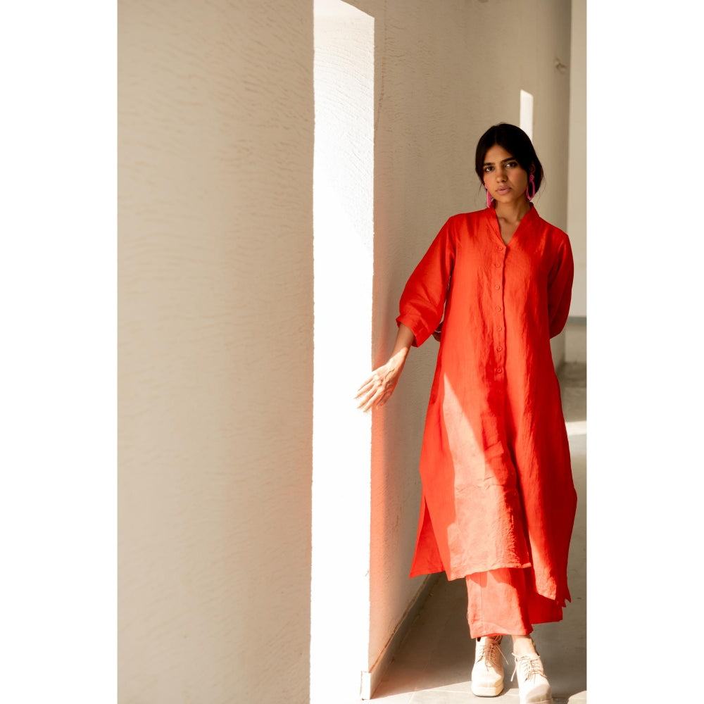 Silai Studio Scarlet Linen Button Down Kurta with Palazzo (Set of 2)