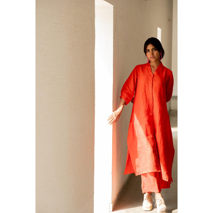 Silai Studio Scarlet Linen Button Down Kurta with Palazzo (Set of 2)