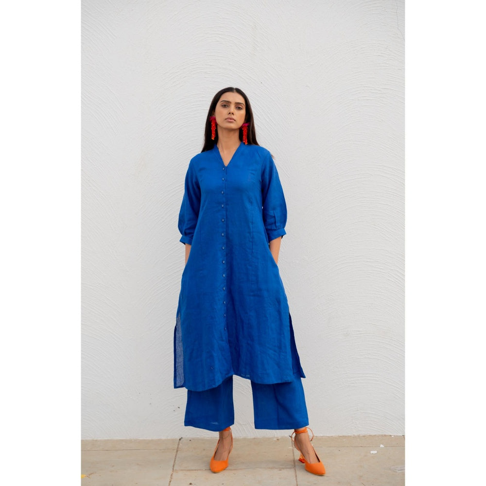 Silai Studio Sapphire Linen Button Down Kurta with Palazzo (Set of 2)