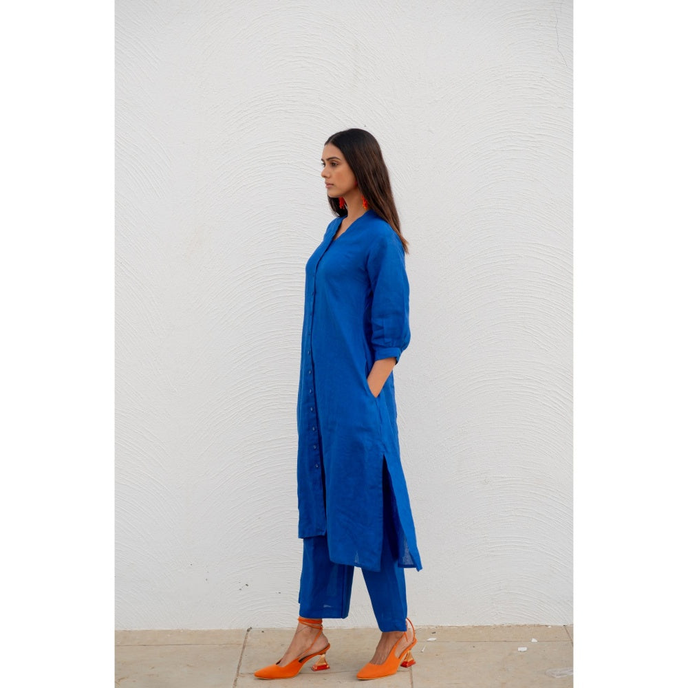 Silai Studio Sapphire Linen Button Down Kurta with Palazzo (Set of 2)
