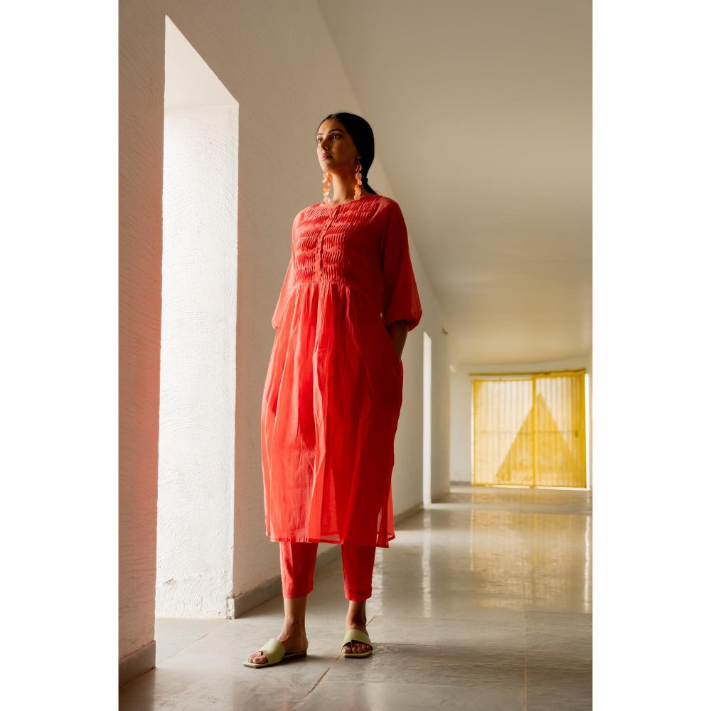 Silai Studio Red Pleated Kurta with Pant and Inner (Set of 3)
