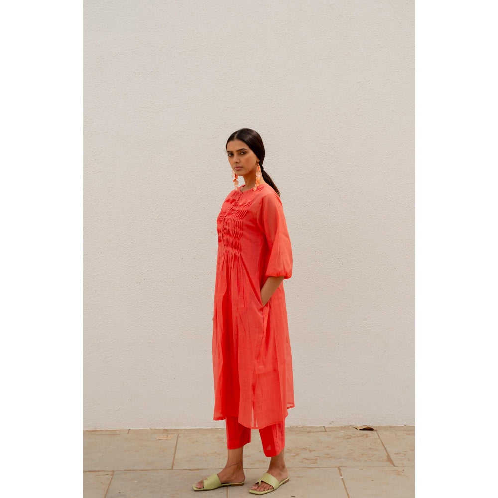 Silai Studio Red Pleated Kurta with Pant and Inner (Set of 3)