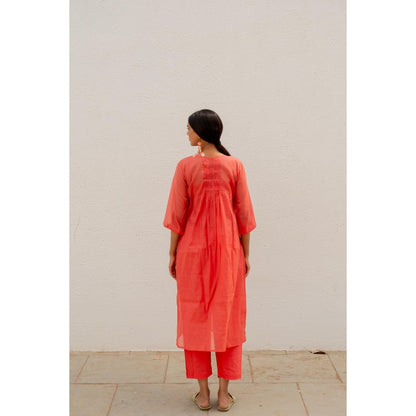 Silai Studio Red Pleated Kurta with Pant and Inner (Set of 3)