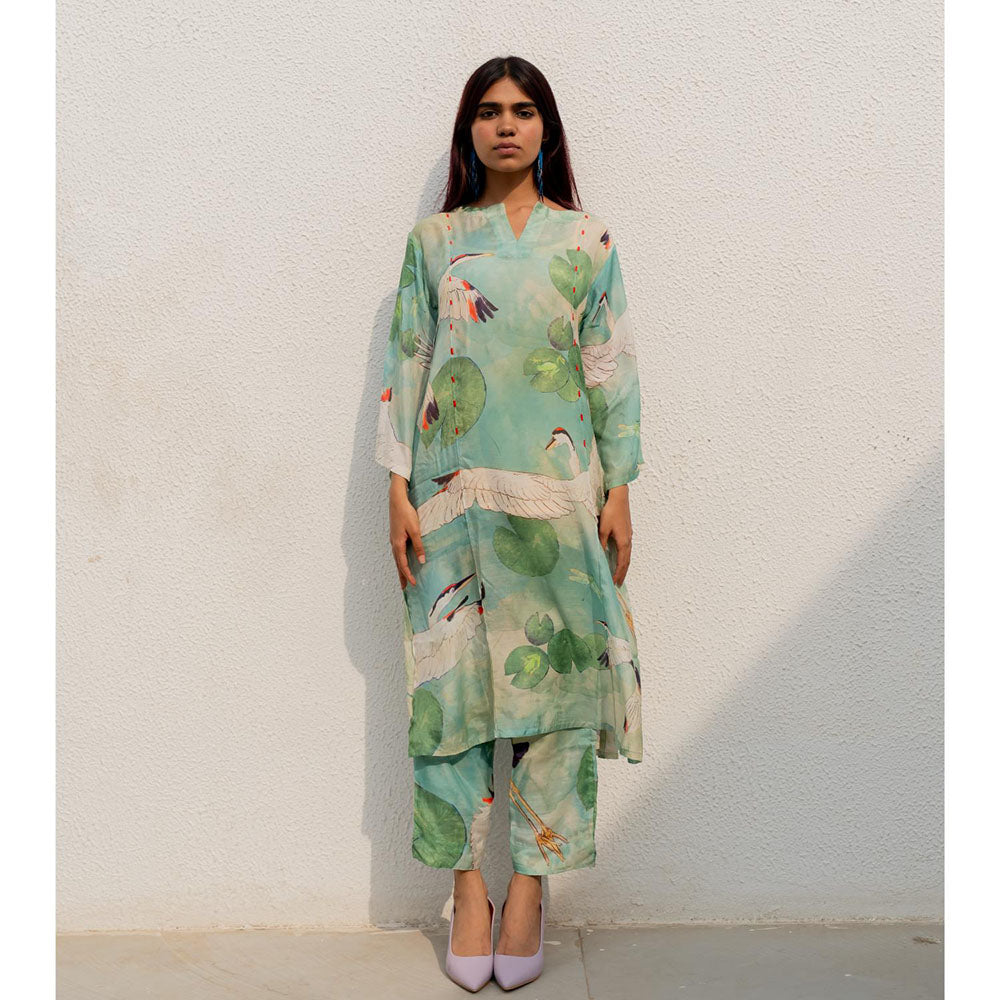 Silai Studio Oriental Cranes Frogs Kurta with Pant and Inner (Set of 3)