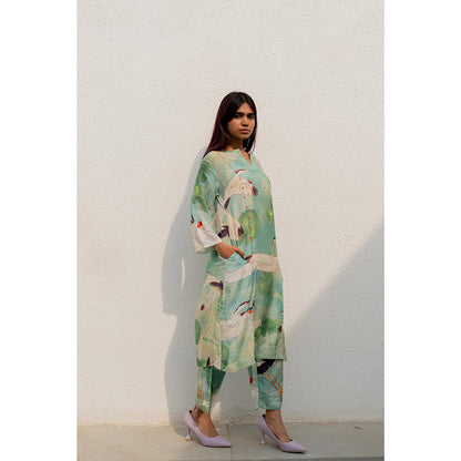 Silai Studio Oriental Cranes Frogs Kurta with Pant and Inner (Set of 3)