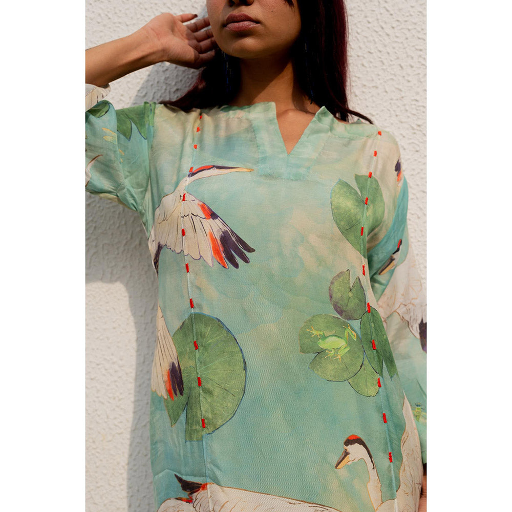 Silai Studio Oriental Cranes Frogs Kurta with Pant and Inner (Set of 3)