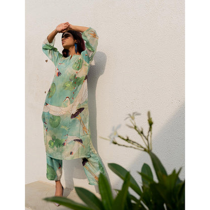 Silai Studio Oriental Cranes Frogs Kurta with Pant and Inner (Set of 3)