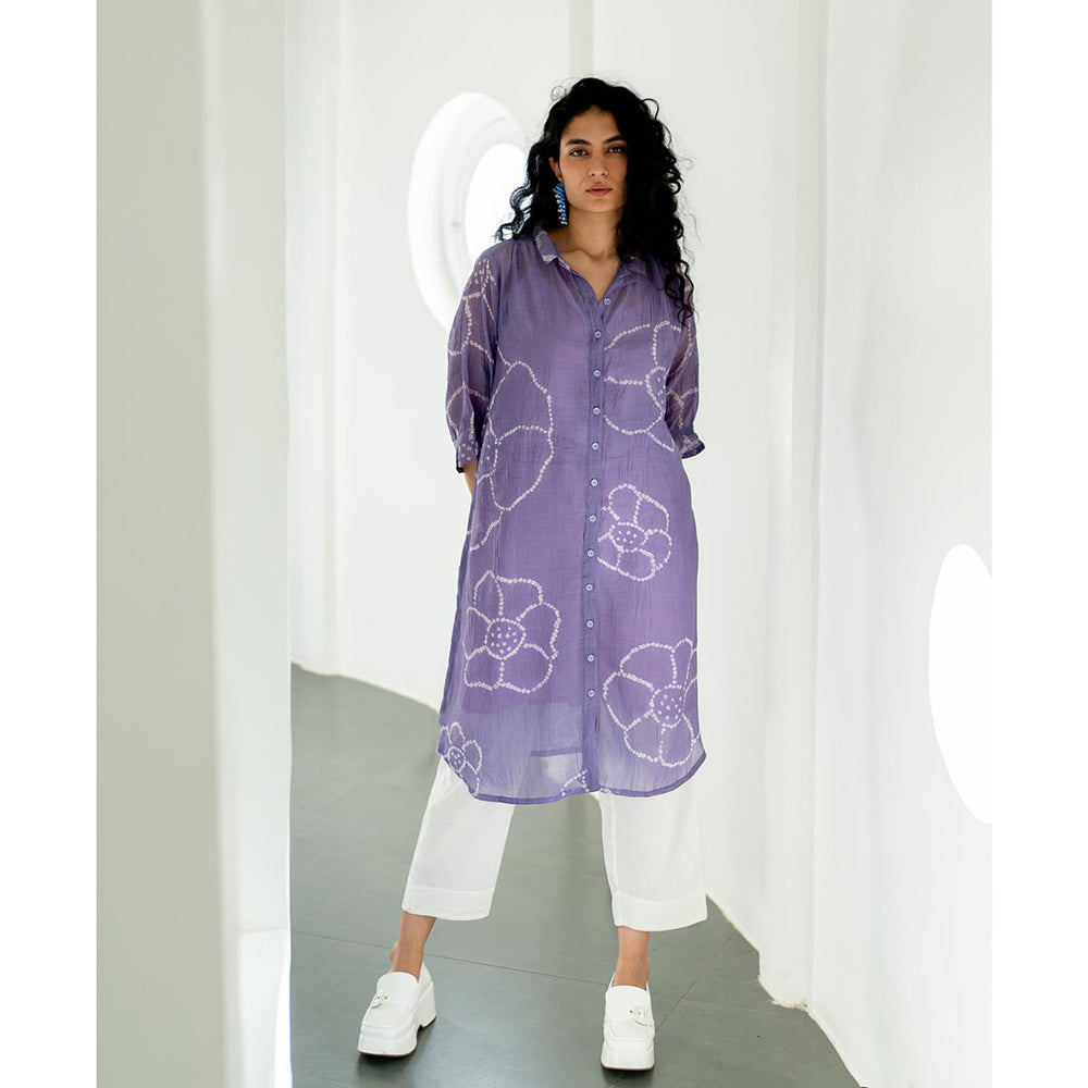 Silai Studio Periwinkle Bandhej Kurta With White Pant and Inner (Set of 3)