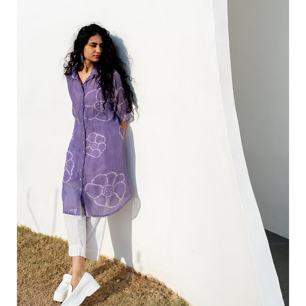 Silai Studio Periwinkle Bandhej Kurta With White Pant and Inner (Set of 3)