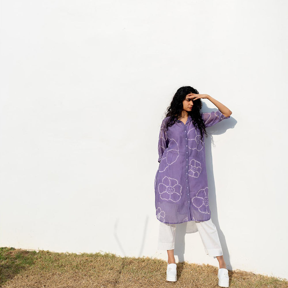 Silai Studio Periwinkle Bandhej Kurta With White Pant and Inner (Set of 3)