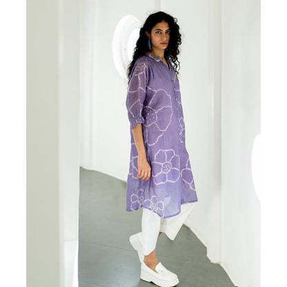 Silai Studio Periwinkle Bandhej Kurta With White Pant and Inner (Set of 3)