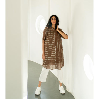 Silai Studio Rosewood Bandhej Kurta With White Pant and Inner (Set of 3)