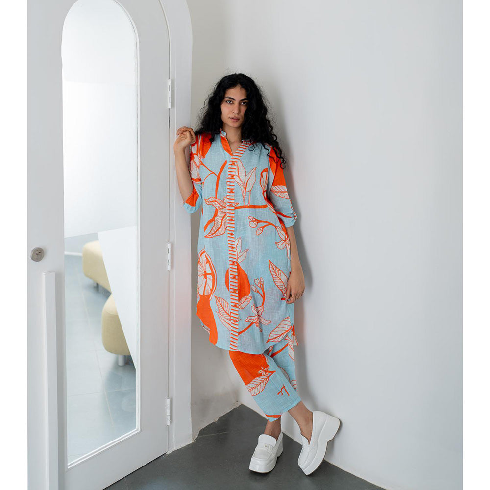 Silai Studio Mandarin Print Cotton Kurta with Pant (Set of 2)
