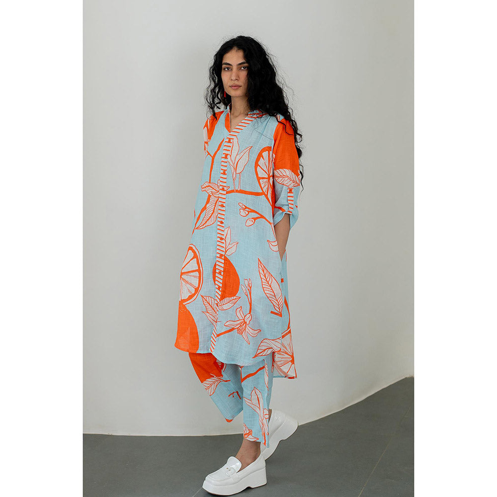 Silai Studio Mandarin Print Cotton Kurta with Pant (Set of 2)