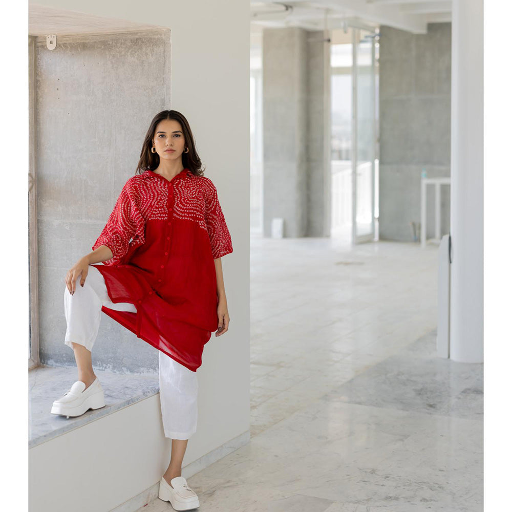 Silai Studio Ruby Swirl Bandhani Kurta with Slip and Pant (Set of 3)