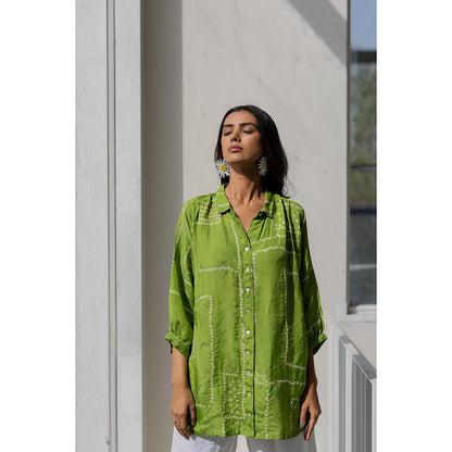 Silai Studio Terra Green Bandhej Silk Shirt